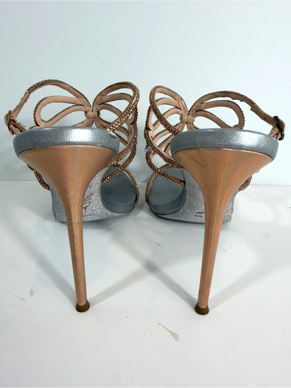 René Caovilla Crystal Butterfly Sandals 40.5 Rose Gold Gray Stiletto Heels Made